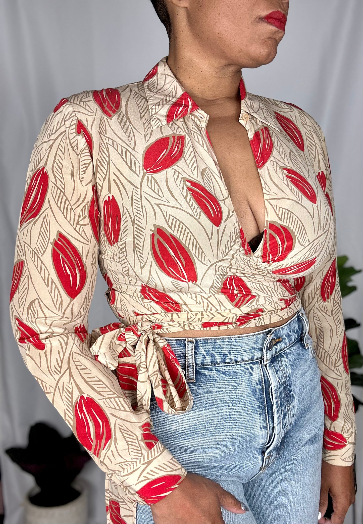 Vintage Leaf Print Silk Wrap Blouse Size 10