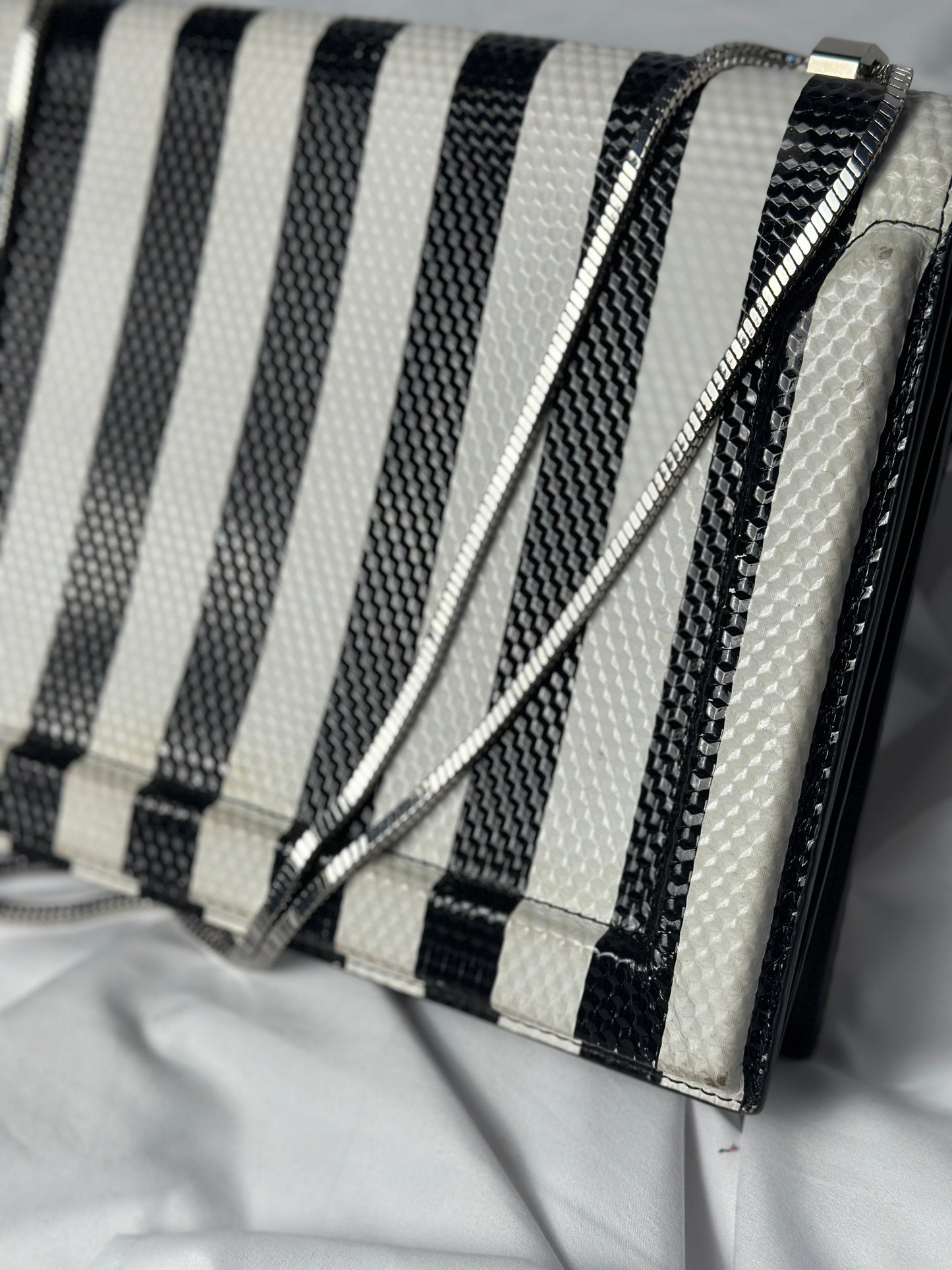 Leather Black and White Striped Statement Handbag