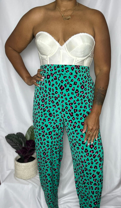 Teal Wide Leg Leopard Trousers Size 1XL