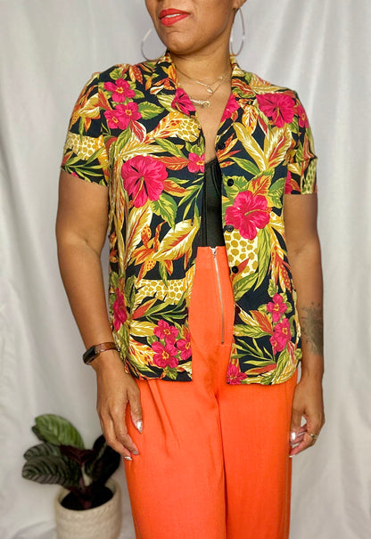 Vintage Safari/Tropical Print Blouse Size Medium