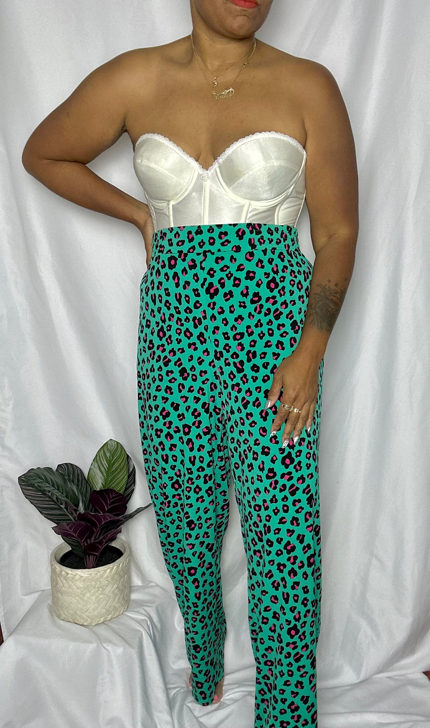 Teal Wide Leg Leopard Trousers Size 1XL