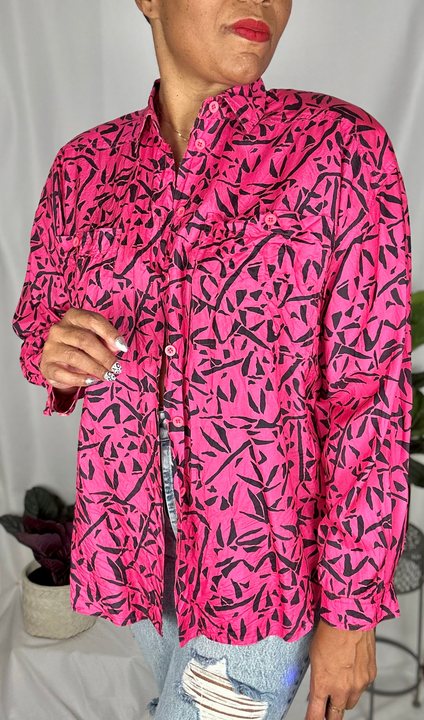 Vintage Hot Pink Silk Blouse size L - XL